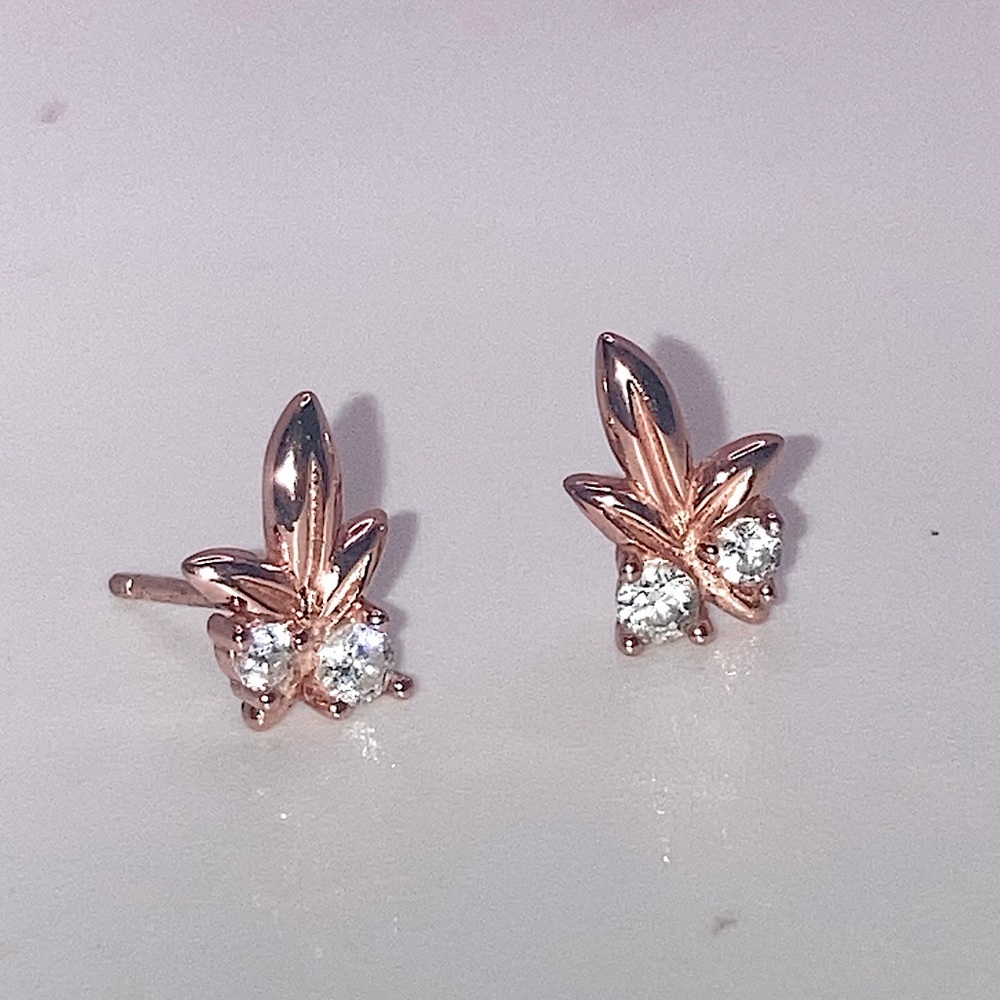 Sterling Silver Rose Gold Plated Leaf Leaves Design CZ Stone Stud Earrings / .4”